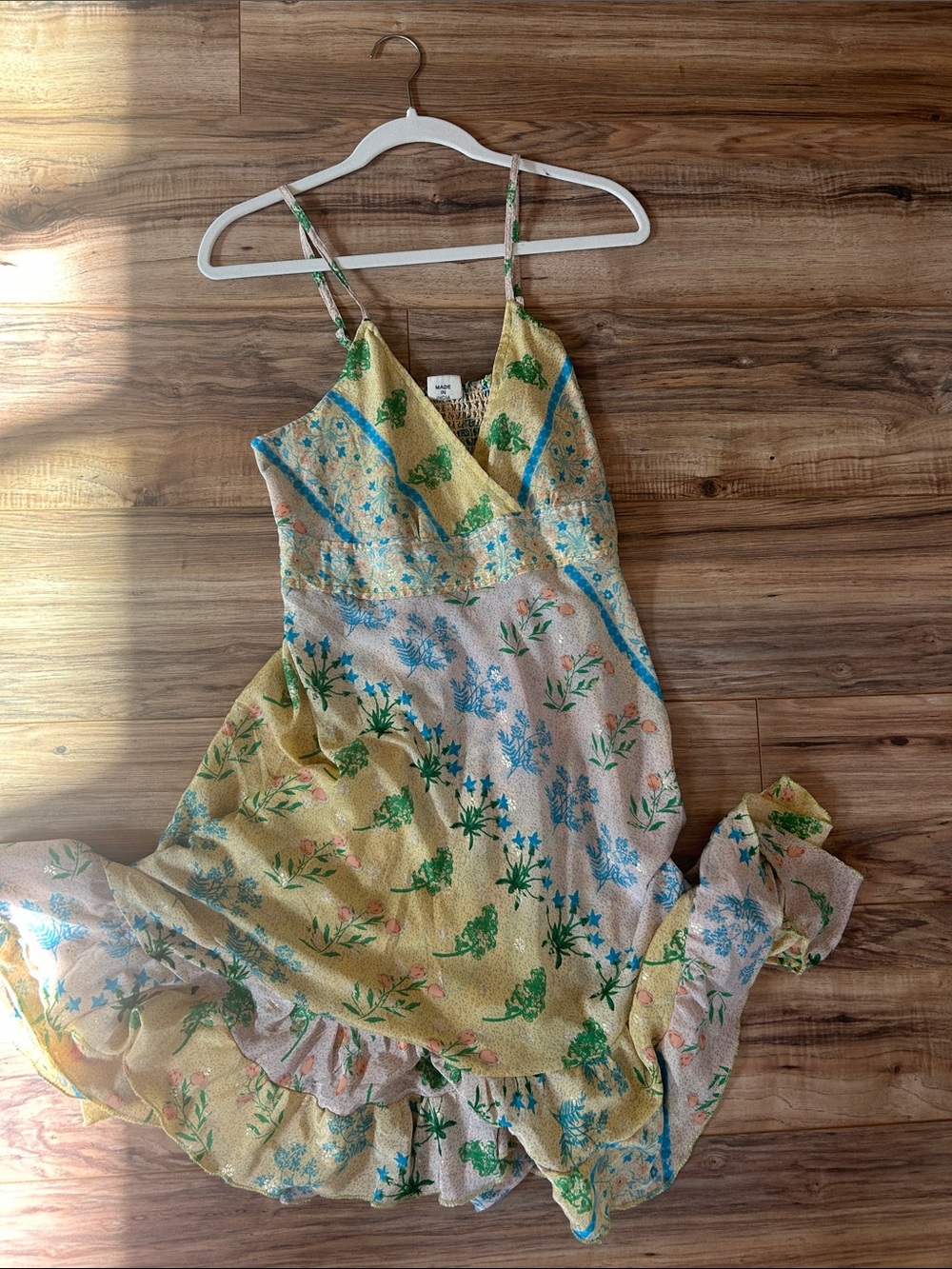 Made in India Unique Floral Spaghetti-Strap Summer Dress - Yellow/Green/Blue